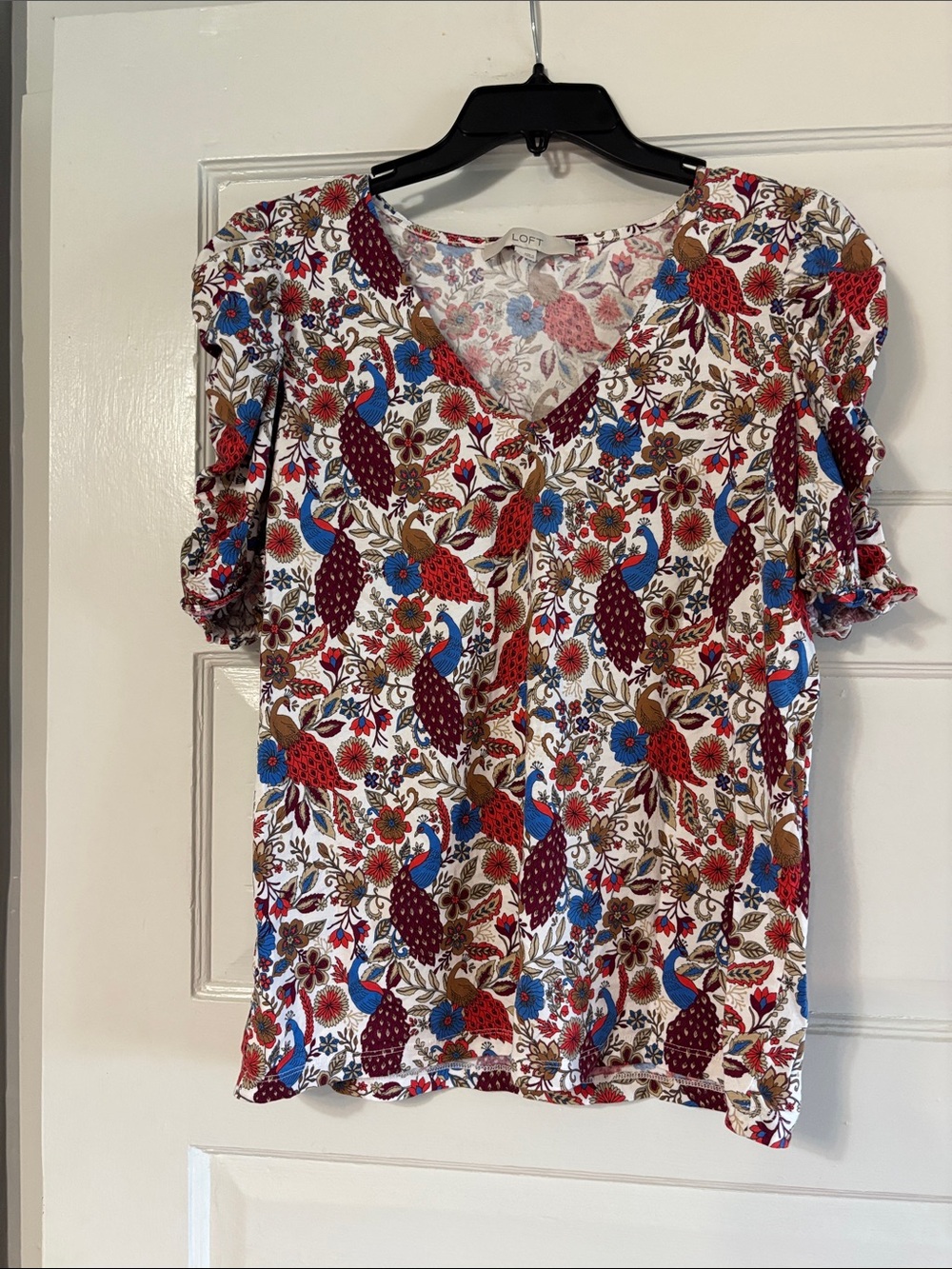 LOFT White V-Neck Blouse with Red, Blue & Brown Floral Print